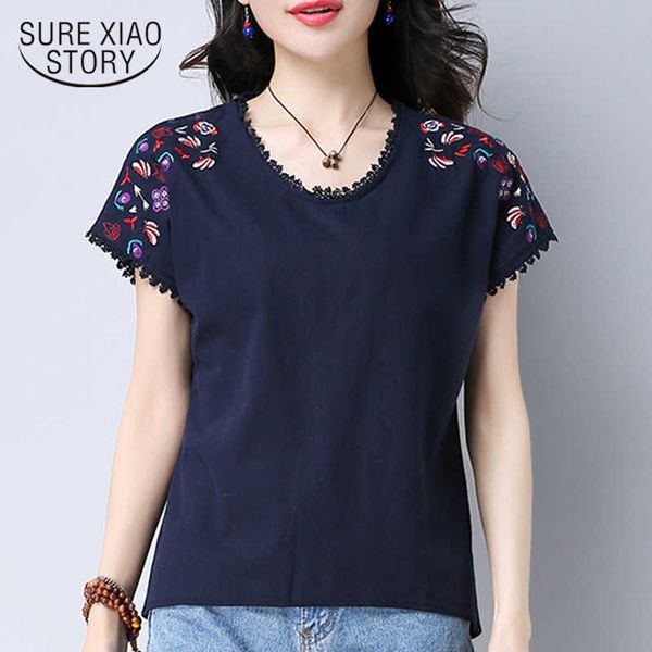 

summer women blouse shirt fashion casual o-neck female ladies' floral embroidery solid women's clothing blusas 0284 210528, White