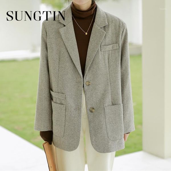 

sungtin vintage spring wool blazer coat women korean chic office lady jackets loose female suits casual outerwear ol work 2021 women's, White;black