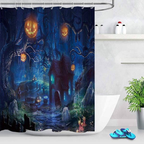 

happy halloween shower curtain set horror ghost haunted woods with grave pumpkin bathroom curtain for holiday night party decor