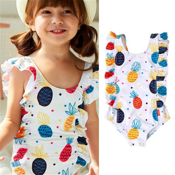 

4-10y kids girls swimwear pineapple print ruffle chidren bikini one-piece baby swimsuit bathing suits beachwear one-pieces, Black