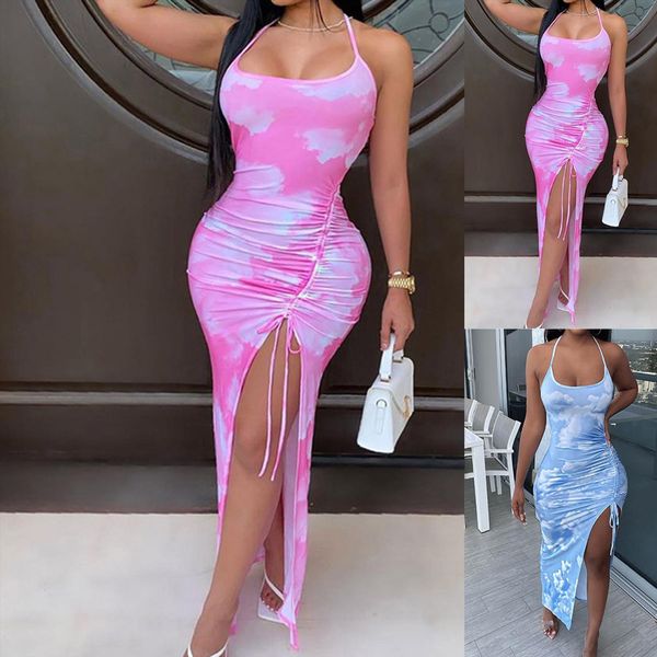 

fashion slim printing halter womens dresses casual split fork bandage vestido de mujer summer, Black;gray