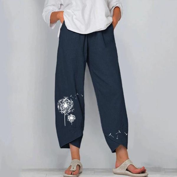 

women's pants & capris women harem lady dandelion print elastic waist wide leg pant trousers cotton linen irregular plus size, Black;white