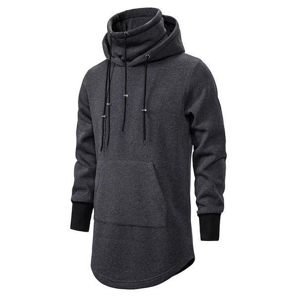 

men's hoodies & sweatshirts men slim long section high collar hooded sweatshirt man extend curved hem solid black cotton casual pullove