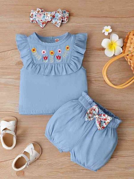 

baby floral embroidery ruffle trim tank & shorts with headband she, White