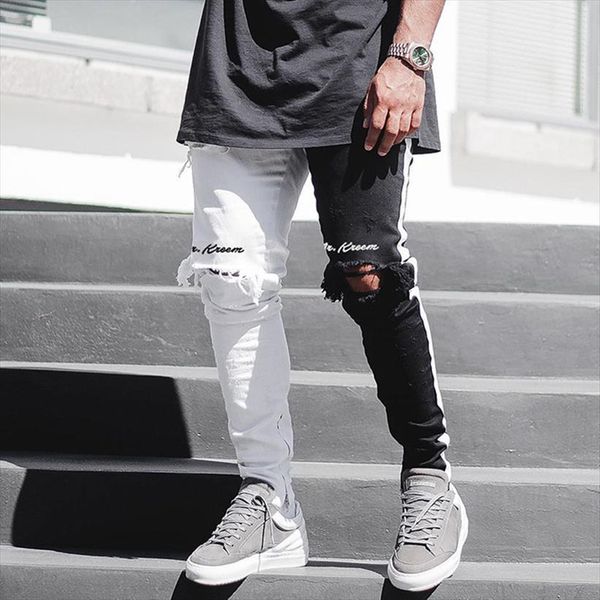 

neploe vintage patchwork pencil women pants harajuku woman man trousers high waist side strip hole causal splice pant, Black