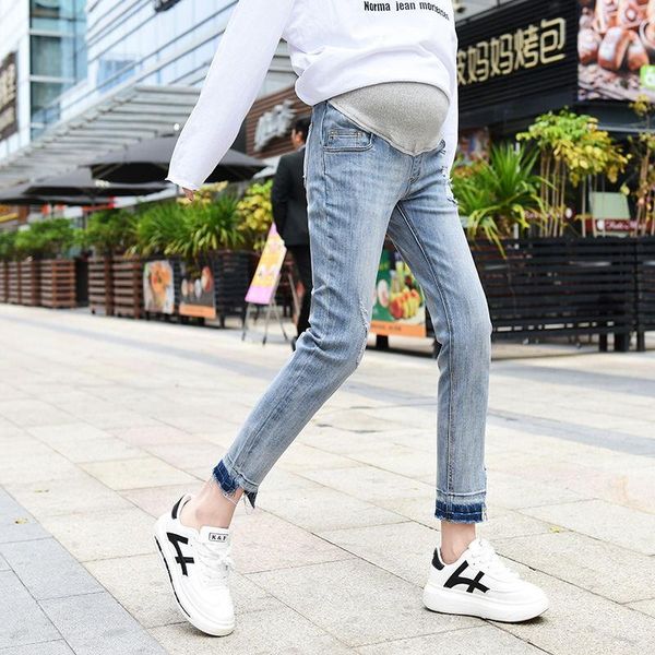 

865# spring autumn stretch cotton denim maternity skinny jeans elastic waist belly pencil pants for pregnant women pregnancy bottoms, White