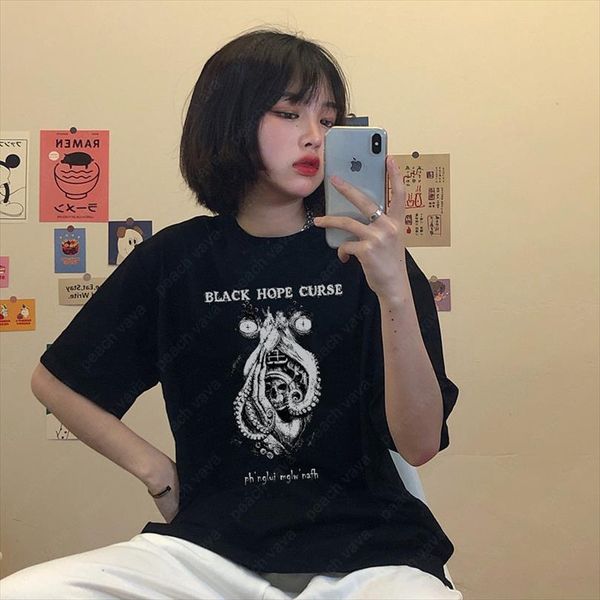 

punk hip hop streetwear mens skull men demon curse personality black summer casual loose harajuku chic letter print shirt, White;black