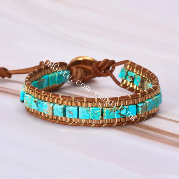 Bracciale con fili di perline di pietra di diaspro imperiale quadrato da 4 mm per uomo Donna Perline di pietre preziose con sedimenti di mare naturale Avvolgere bracciali in pelle regolabili Bracciale dell'amicizia