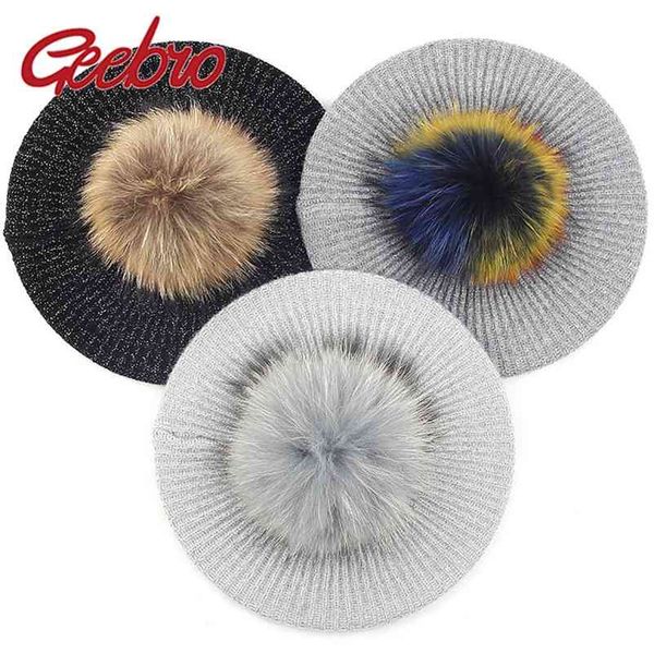 

geebro fashion women winter warm wool blend beret hat girls slouchy female bonnet caps with 15cm real fur ball pompom 210429, Blue;gray