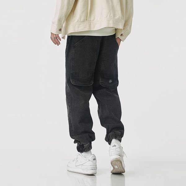 

men's jeans street style fashion men retro black gray loose fit big pocket casual denim cargo pants hip hop wide leg joggers, Blue