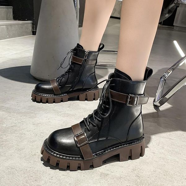 

boots 2021 thick bottom motorcycle platform ankle women autumn winter keep warm round toe lace-up side zipper, Black