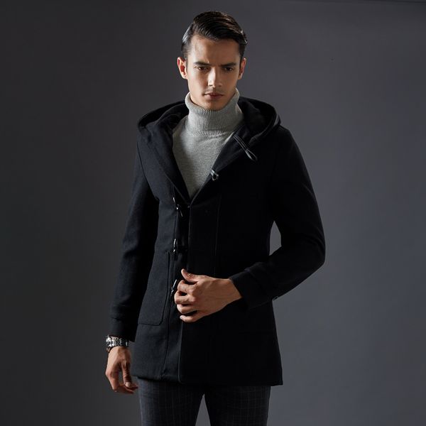 

men's wool & blends autumn winter british style coat horn button long trench brand clothing hooded woolen men1 9ydf, Black
