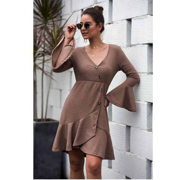 

casual dresses 2021 autumn long sleeve women's dress v-neck flare buttons ruffle knit office dinner elegant s-xl, Black;gray
