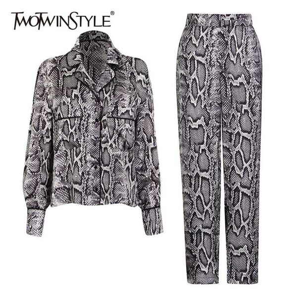 

twotwinstyle print casual two piece set for women lapel long sleeve shirt high waist straight pants female sets spring 211007, White