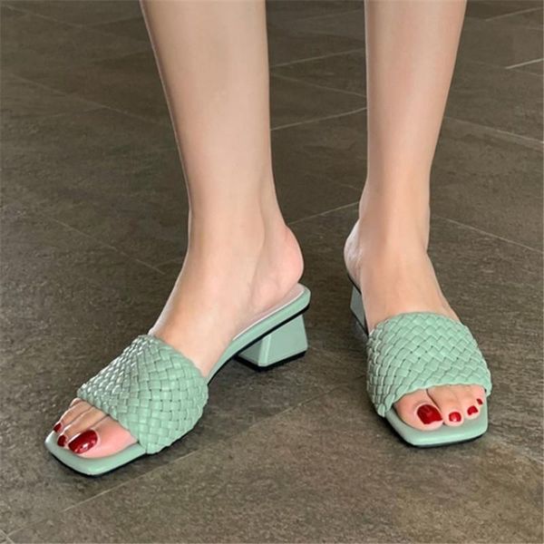 

slippers pxelena ins women 2021 summer weaving slip on square med heels slides outdoor beach flip flops purple green 43, Black