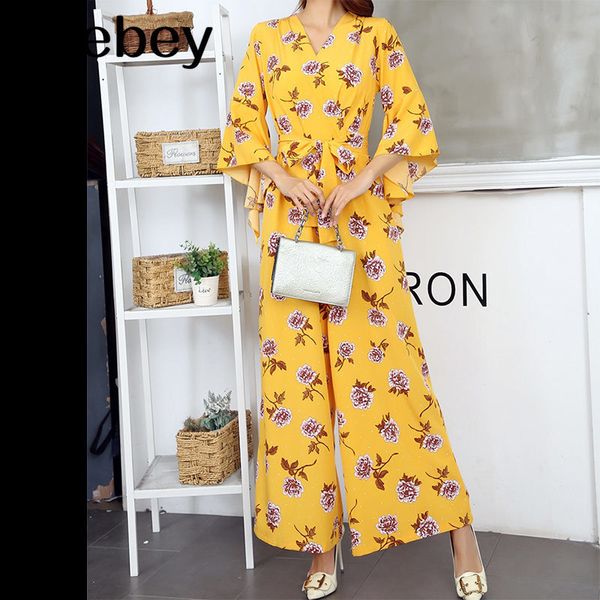 

spring summer retro all-match v-neck flared sleeve jumpsuits waist slim bandage casual 210512, Black;white