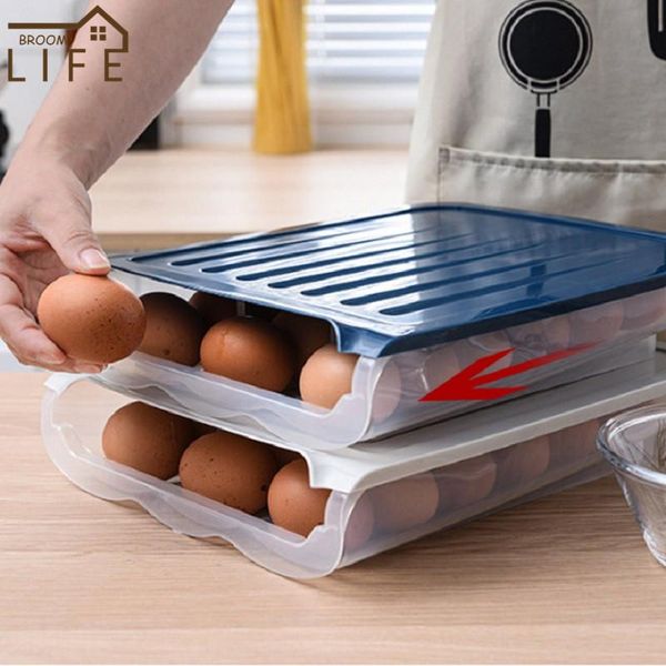 

semi-automatic eggs storage box refrigerator transparent drawer kitchen container plastic crisper portable egg case holder & organizati orga