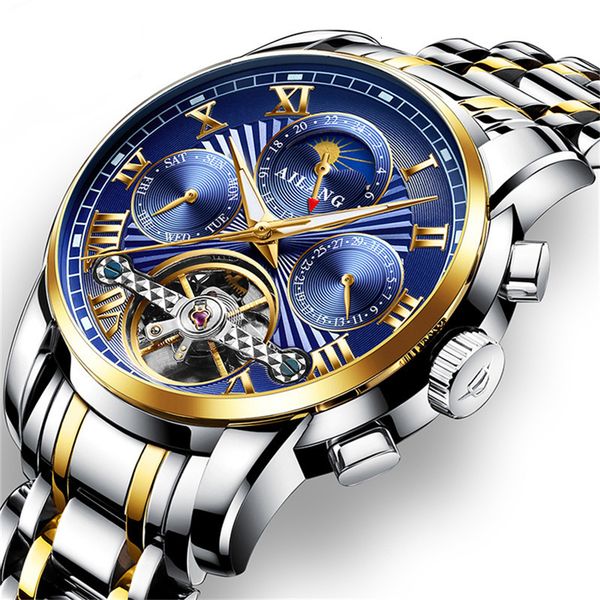 

men mechanical watches moonlight sports rvs business luxury automatic montre homme al-2602, Slivery;brown