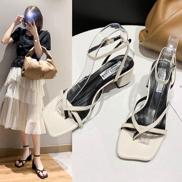 

sandals women heels 2021 summer shoes high strappy square toe narrow band flip flop, Black