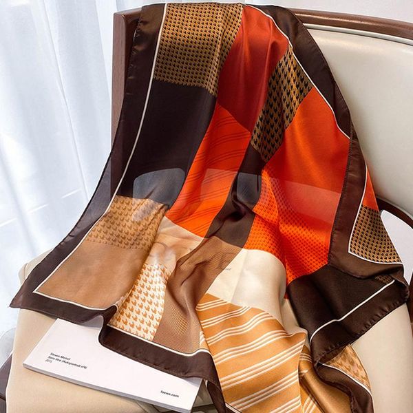 

scarves autumn luxury silk female dustproof kerchief korean color matching square towel fashion 70x70cm sunscreen shawls, Blue;gray