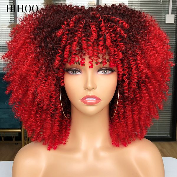 

short hair cosplay afro kinky curly wigs with bangs for black women red wig synthetic lolita natural glueless brown fake hair