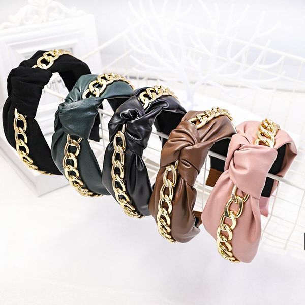 

hair accessories fashion knotted pu leather headband with metal chain for women ladies party shopping hairband headpiece