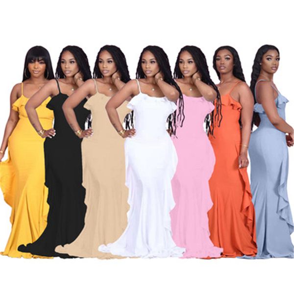 

womens solid color ruffle dresses fashion trend sleeveless high waist sling long skirts designer summer female casual loose floor-length dre, Black;gray