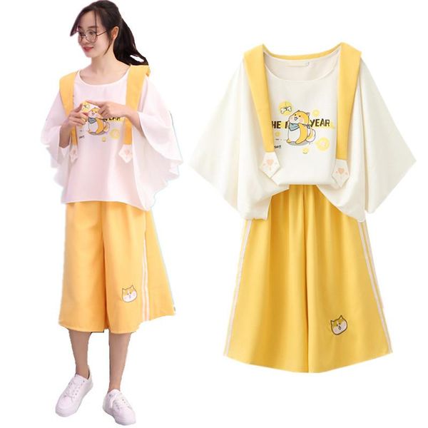 Femininas Mulheres Verão Mulheres Kawaii Sailor Collar T-shirt + Larga Perna Calças 2 Pcs Set Teenager Girls Bonito Bordado Bordado Manga De Bordado Te