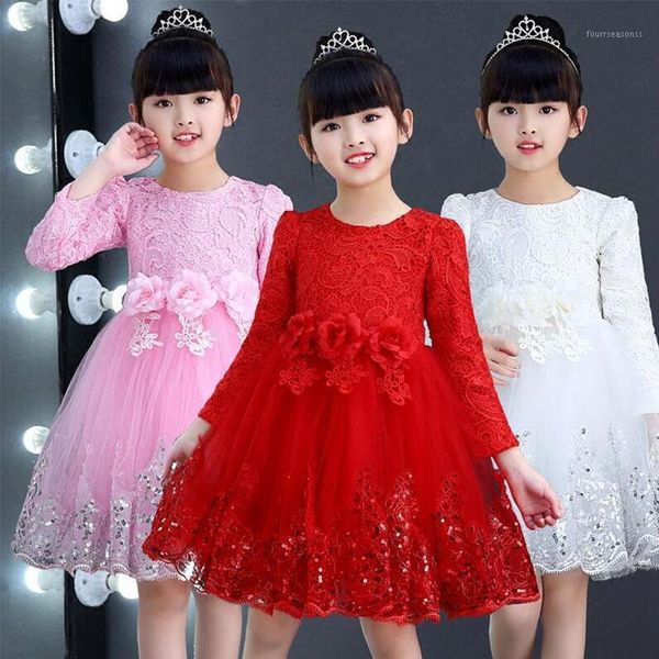 

girl's dresses princess children flower girl performance wedding sequined party gown eveing bow back lace mini dress red yy2481, Red;yellow