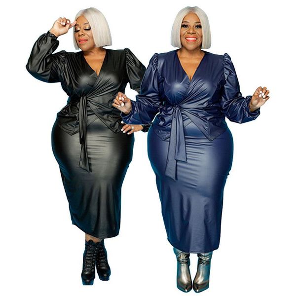 

women's tracksuits plus size 2 piece set women high waisted skirt and pu leather long sleeve elegant matching sets wholesale drop, Gray