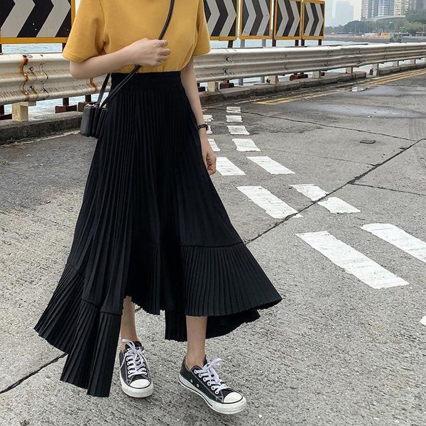 

skirts irregular women solid pleated streetwear asymmetrical high waist chiffon korean style fashion chic harajuku simple, Black