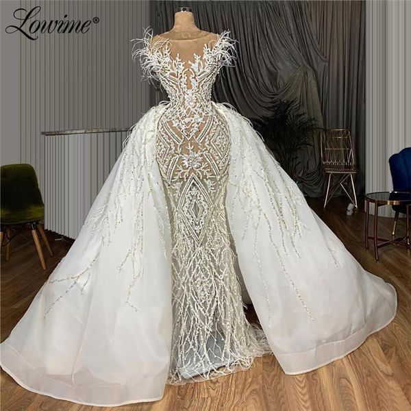 

other wedding dresses illusion lace with detachable train beaded feather gown 2021 muslim middle east backless bridal gowns, White