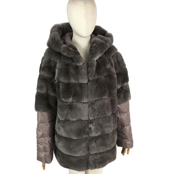 

women's fur & faux trendy rex coat women autumn winter warm jacket with detachable down sleeve, Black