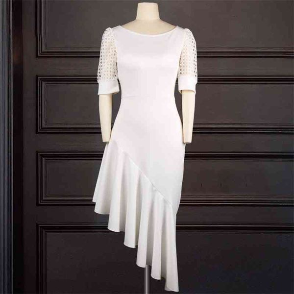 

white elegant women dress for party hollow out mesh sleeve bodycon patchwork ruffles slim celebrate event festival robes 210527, Black;gray