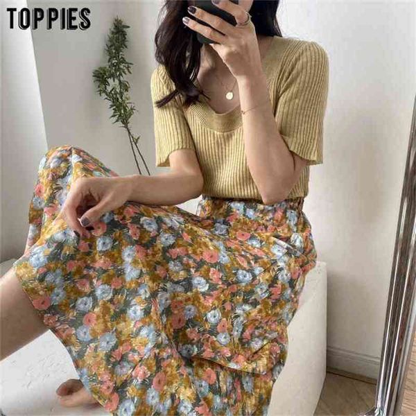 

summer oil painting print skirts high waist a-line chiffon womens korean fashion clothes 210421, Black