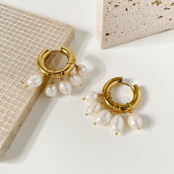 

hoop & huggie monlansher geometric round earrings gold color titanium steel freshwater pearl for women classy jewelry, Golden;silver