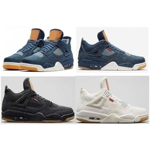 

4 denim travis blue black white denim basketball shoes men 4s blue jeans sports sneakers with box size us7-13