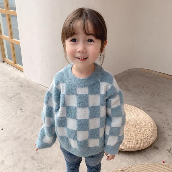 

cardigan 2021 toddler baby girls sweaters plaid winter sweater long sleeve fur pullover coat boys thick warm clothes 1-6y, Blue