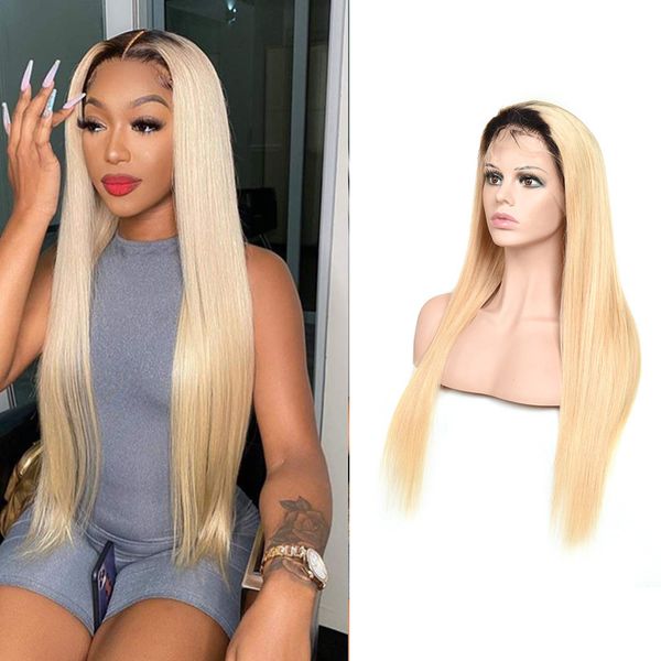 

brazilian virgin human hair 1b/613 13*4 lace front wig body wave straight ombre color 12-30inch, Black;brown