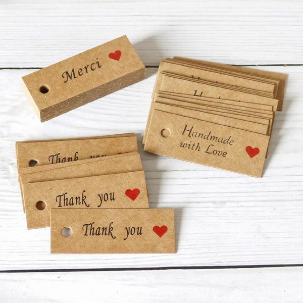 

gift wrap 100 200 300pcs kraft paper tags thank you handmade with love merci heart print scrapbooking labels cards decor