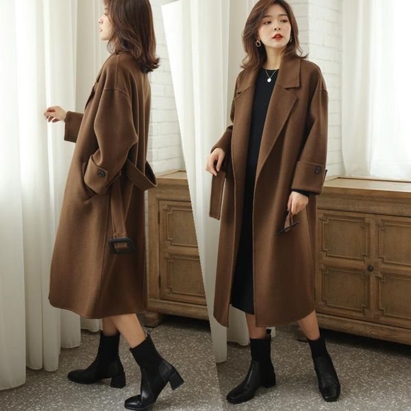 

women's wool & blends coffee double face cashmere coat middle long 2021 winter loose woolen hepburn tweed, Black