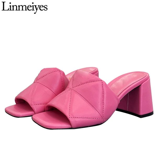 

chunky heels mules shoes real leather quilting square toe high heel sandals woman dress party summer slippers women, Black