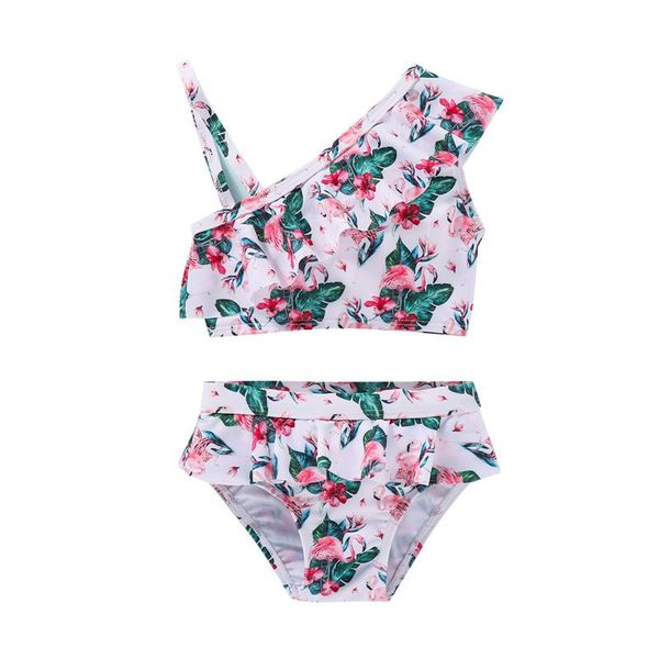

girls swimsuit two piece set children bikini ruffles flamingo print shoulder straps elastic sleeveless swimwear one-pieces, Black