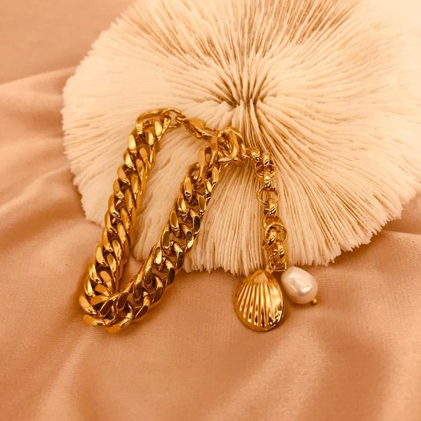 

beaded, strands 2021 stainless steel freshwater pearl bracelet 18k gold plated double cuban, Black