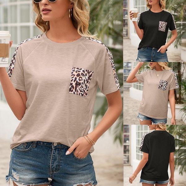 

women's t-shirt fashion leopard print stitching round neck short sleeve, White