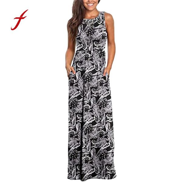 

casual dresses women's sleeveless pocket dress floral printing beach long maxi loose summer plus size vestidos de mujer, Black;gray