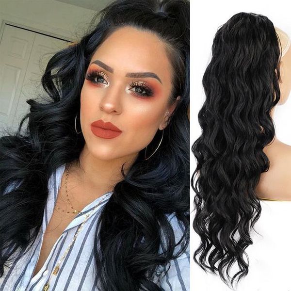 

synthetic wigs antoniah long wavy drawstring ponytail clip in black wrap around hairpiece for women