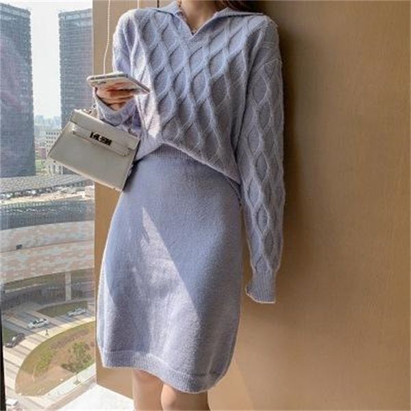 

sweaters winter clothes women casual sweater turn down collar twisted pullover and skirts female formal 2 piece suit, White;black