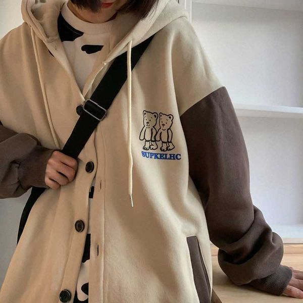 Harajuku Übergroßes Sweatshirt Streetwear Frauen Druck Brief Zip Up Hoodies Student Plus Größe Koreanische Outwear Chic Bär Lose Tops 211008