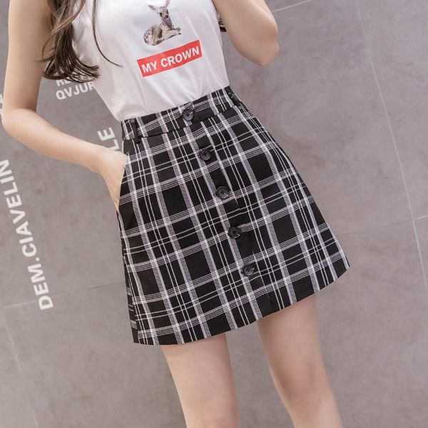 

skirts single-breasted plaid chiffon a-line skirt women summer high waist slim mini korean style, Black